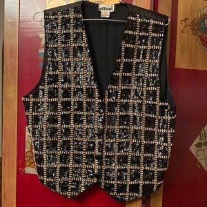 Vintage Effeci Beaded Sequined Vest, Black White Gold Checks. SZ L